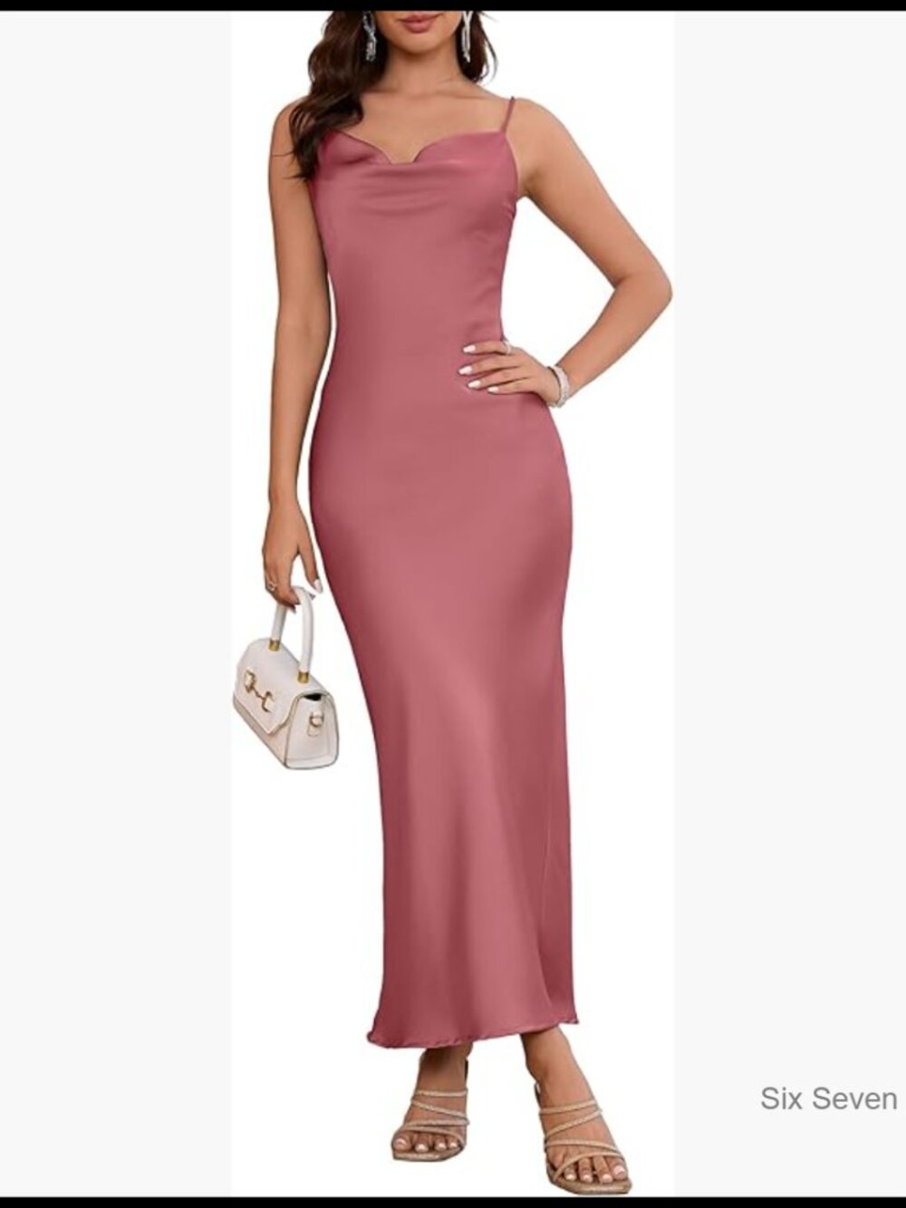 Satin Midi Dress Spaghetti Strap Cowl Neck Backless Formal